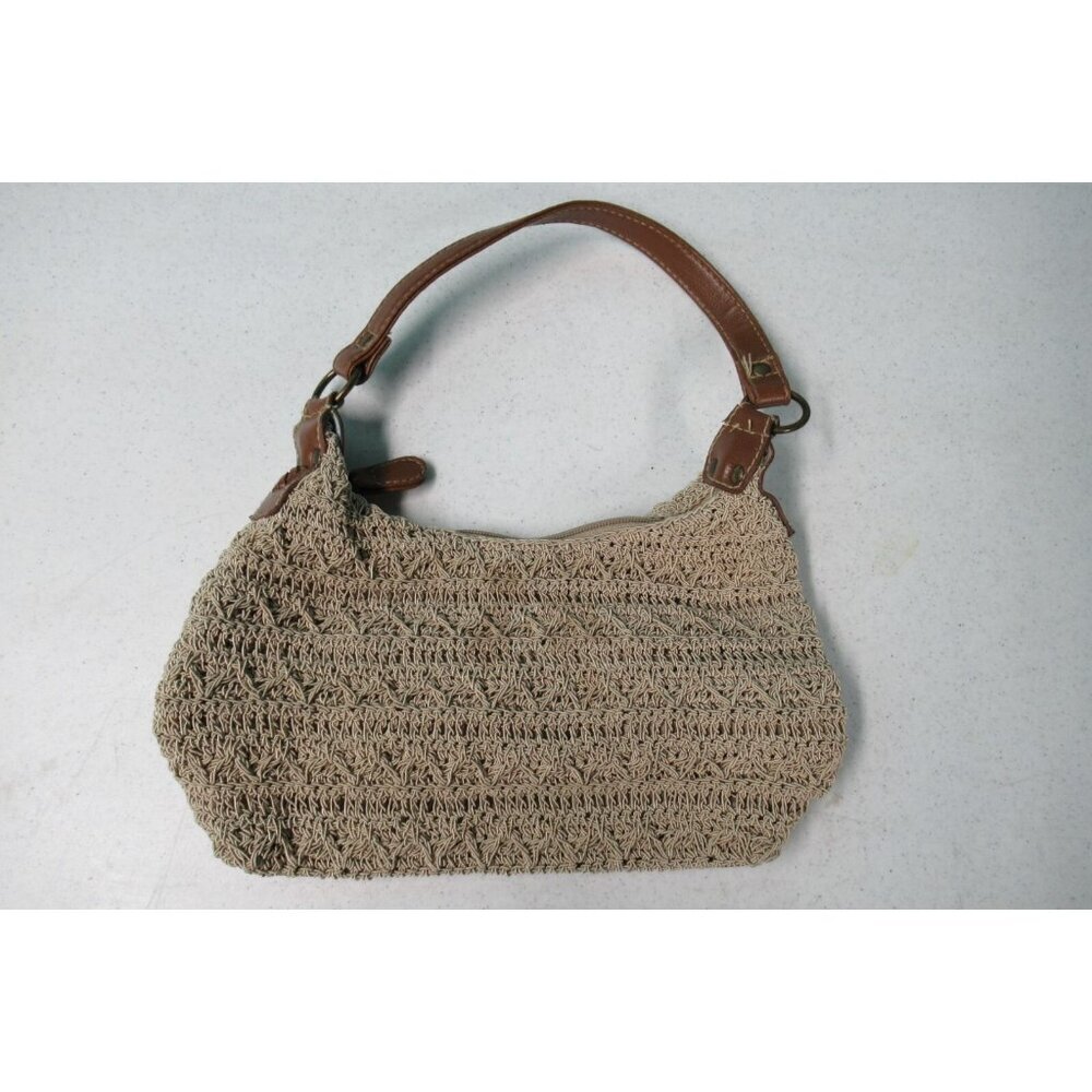 Macrame Crocheted Knitted Bag with Leather Strap Tan Medium Size Zipper - Picture 1 of 4